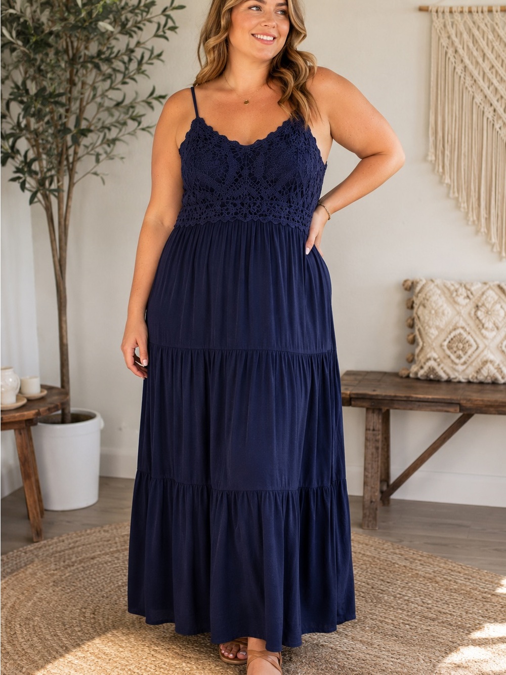 Dokuritu Navy Crochet Lace Tiered Maxi Dress Women’s Size L